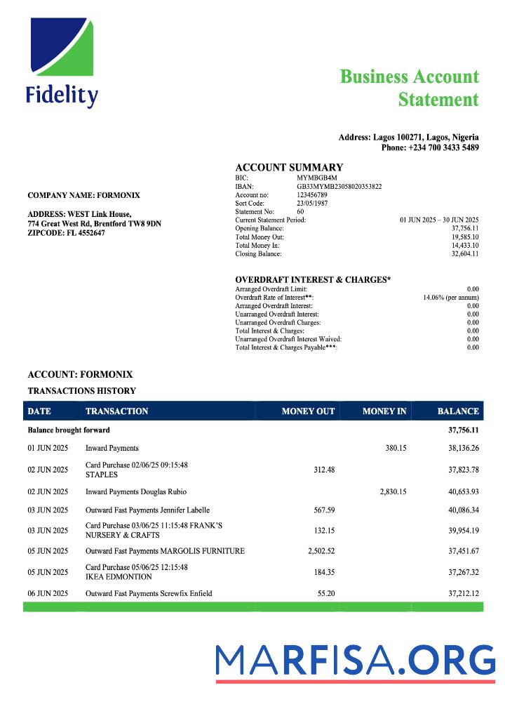 Realistic Nigeria Fidelity Bank enterprise account statement Word and PDF template